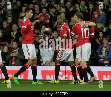 Manchester, UK. 23rd Sep, 2015. Capital One Cup. Manchester United versus Ipswich. Manchester United captain Wayne Rooney (right) is congratulated by his team mates after scoring his team's first goal. Credit:  Action Plus Sports/Alamy Live News Stock Photo