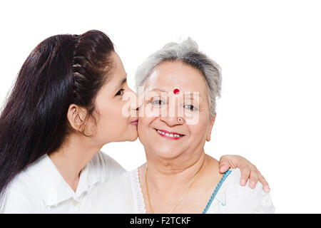 2 indian Grandmother and Granddaughter love kissing Stock Photo