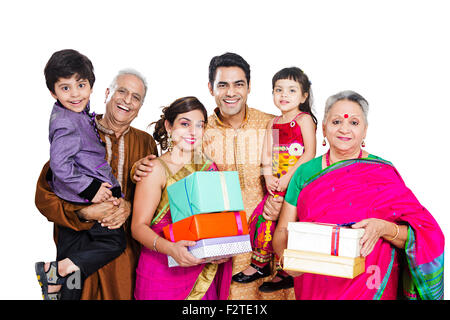 indian Group Joint Family diwali Festival Gift shopping Stock Photo