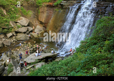 Brandywine Falls with tourists playing at the base of the falls ...