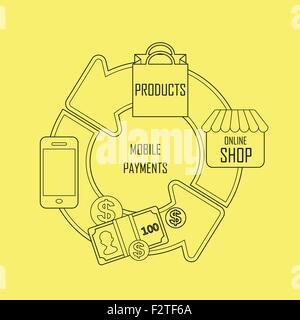 mobile payments concept with shopping process in thin line style Stock Vector