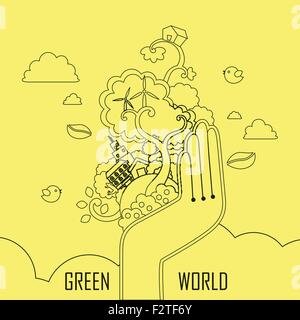 ecology concept: hand holding green world element in thin line style Stock Vector