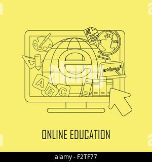 online education concept: learning resources jumping out from computer in line style Stock Vector