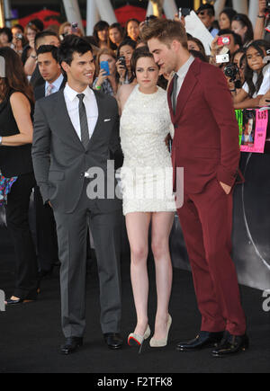 LOS ANGELES, CA - JUNE 24, 2010: Taylor Lautner (left), Kristen Stewart & Robert Pattinson at the premiere of their new movie 'The Twilight Saga: Eclipse' at the Nokia Theatre at L.A. Live. Stock Photo
