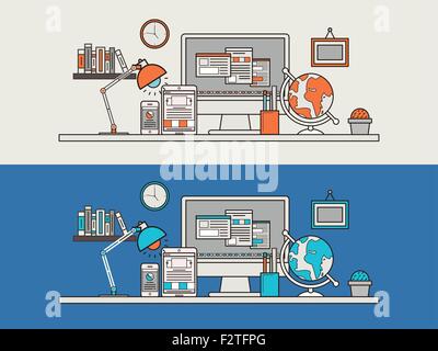 workplace concept in thin line flat design style Stock Vector