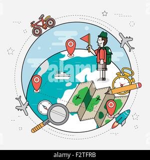 travel around the world concept in thin line flat design style Stock Vector