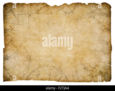 Old torn treasure map with compass and spyglass top view still life ...