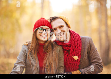 Happy Caucasian couple spending leisure outdoors Stock Photo