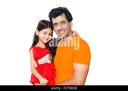 2 indian Father and Kids Daughter Caring Stock Photo