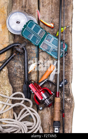 Fishing Rod, Reel, Wobbler, Braided Fishing Line Metal Leash Jerk, White  Background, Place for Inscription Stock Photo - Image of fish, reel:  138299348