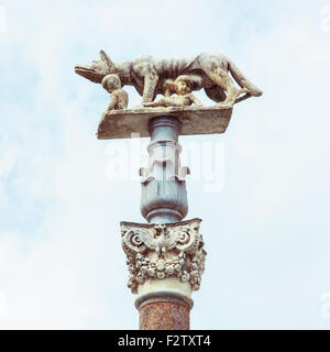 Statue of capitoline wolf suckling the twins Romulus and Remus at on Siena Duomo, Tuscany, Italy. Stock Photo