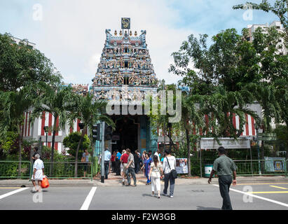 SINGAPORE - MARCH 10, 2007: The Sri Veerama Kaliamman Temple in ethnic district Little India in Singapore . Little India is comm Stock Photo