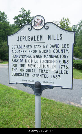 Jerusalem Mill Village Maryland old colonial town sign for 1772 tourist Stock Photo