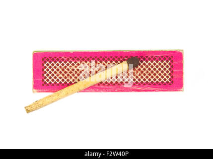 Match on an old and used red or pink box isolated on white background Stock Photo
