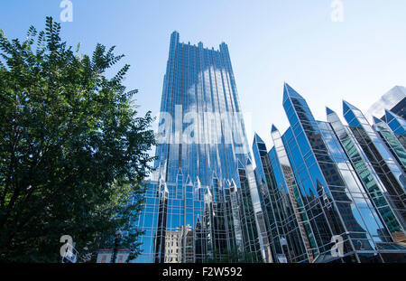 Pittsburgh Pennsylvania PA the Market Square downtown area of skyscrapers and glass PPG Pittsburgh Plate Glass building Stock Photo