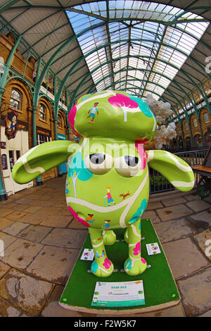 London, UK. 24th September, 2015. Statues of Shaun the Sheep. The Shaun in the City charity art trails organised by the Wallace and Gromit Children's Foundation draw to a close with 120 sculptures of Shaun the Sheep being exhibited in Covent Garden in London prior to their auction for children's charities. Credit:  Paul Brown/Alamy Live News Stock Photo