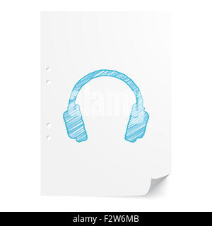 Blue handdrawn Headphones illustration on white paper sheet with copy space Stock Photo