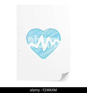 Blue handdrawn Heart Rate Pulse illustration on white paper sheet with copy space Stock Photo