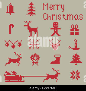 Christmas pixel style icons set, winter pattern pixels. Stock Photo