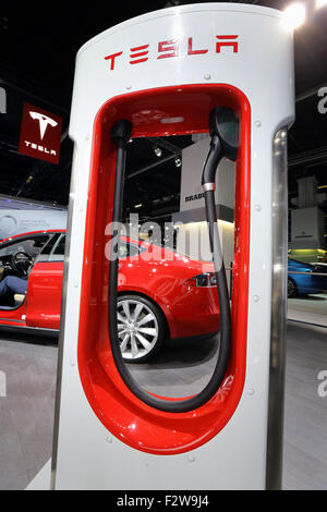 Frankfurt/Germany, 15.09.2015 - Tesla Electric Charging Station Supercharger at the Tesla stand at the 2015 IAA Frankfurt Auto Show 2015 in Frankfurt, Germany. Stock Photo