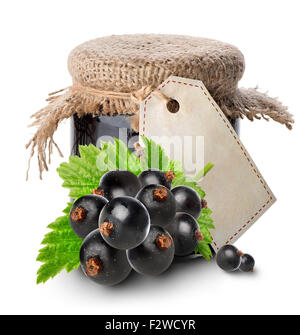 Black currant and jam in jar isolated on white Stock Photo