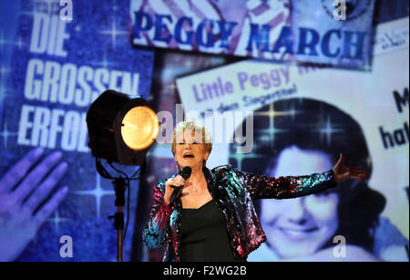 American singer Peggy March performs during the final rehearsals of the show 'Stefanie Hertel - Meine Stars' (Stefanie Hertel - My stars) in Zwickau (Saxony), 23 September 2015. The show with several music guests will air on 31 October 2015. Photo: Jan Woitas/dpa Stock Photo