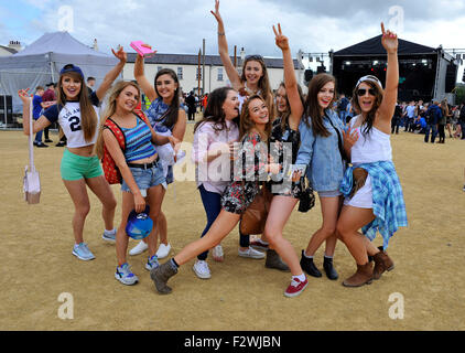 Teenage girls having fun at a Club MTV event in Ebrington Square, Londonderry, Northern Ireland Stock Photo