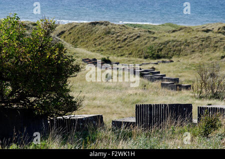 Concrete anti tank blocks on the beach at Aberlady Bay in East Lothian, Central Scotland, now a nature reserve. Stock Photo