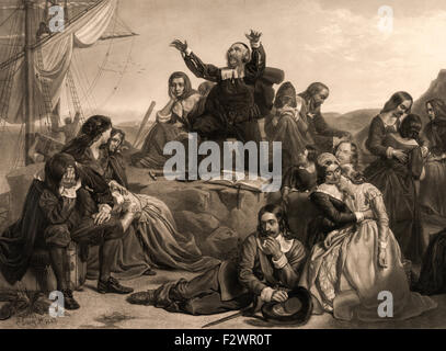 Departure of the Pilgrim Fathers, 1620.  After a work by Charles Lucy, 1814-1873. Stock Photo