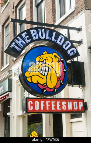 Sign outside the Bulldog Coffeeshop, Amsterdam, probably the most successful of all coffeeshops. Stock Photo