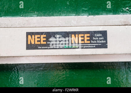 Sign on a letterbox in Amsterdam opting out of junk mail. Stock Photo