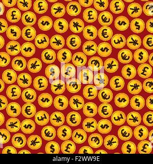 Golden coins with main worlds currency signs on red background seamless pattern Stock Vector