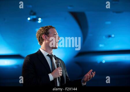 Facebook co-founder Mark Zuckerberg speaks during the CEO Summit of the Americas April 10, 2015 in Panama City, Panama. Stock Photo