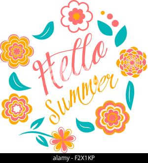 Vector colorful circular floral wreaths on white. Hello summer sign Stock Vector