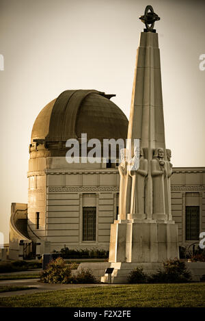 Astronomers Monument in front of Griffith Observatory in Griffith Park, Los Angeles, California, USA Stock Photo