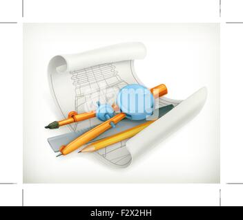 Compass ruler and pencil, technical drawing vector icon Stock Vector