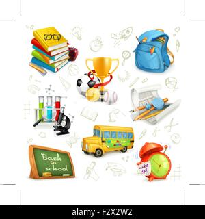 Back to school, education and knowledge, set icons, vector illustrations isolated on the white background with sketches Stock Vector