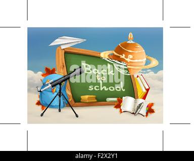 Back to school, astronomy lessons, studying and teaching, education and knowledge, vector illustration on white and blue backgro Stock Vector