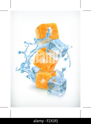 Orange cubes with ice and splashes, vector icon Stock Vector