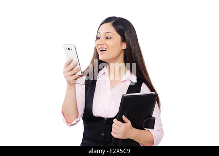 1 indian Business Woman Dialing Mobile Phone Excitement Stock Photo