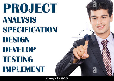 1 indian Business man Flow Chart touching Digitally Enhanced Stock Photo