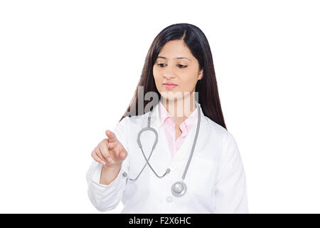 1 indian Doctor woman Computer Scanner finger touching Stock Photo