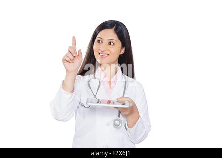 1 indian Doctor woman Computer Sensor finger touching Stock Photo