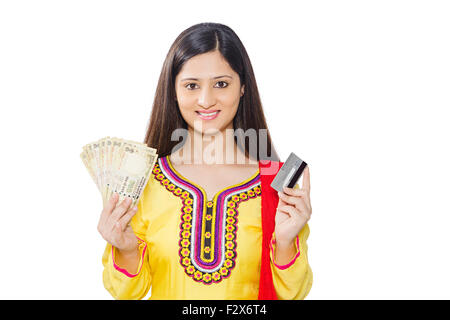 1 indian Woman Housewife money and Credit Card showing Stock Photo