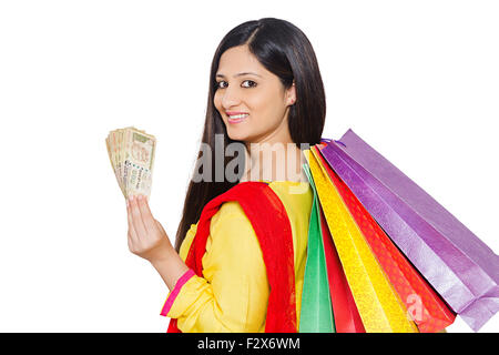 1 indian Woman Housewife Diwali Shopping and showing money Stock Photo