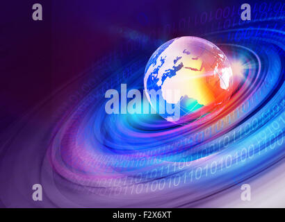 Graphical earth globe with binary code red theme background, digital ...