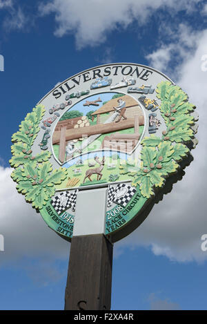 Village sign, High Street, Silverstone, Northamptonshire, England, United Kingdom Stock Photo