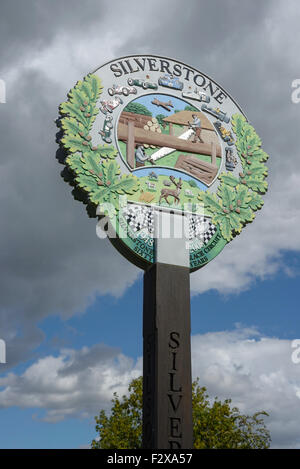 Village sign, High Street, Silverstone, Northamptonshire, England, United Kingdom Stock Photo