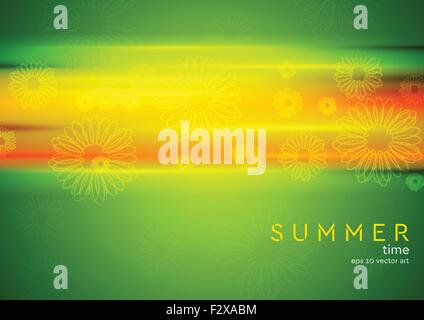 Abstract bright green summer background with orange stripes and camomiles. Vector design Stock Vector