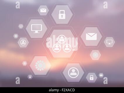 Light tech communication icons on blurred sky. Vector hexagons bright design Stock Vector